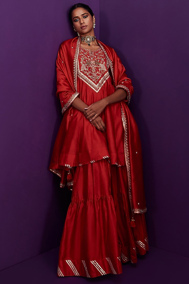 Red Silk Chanderi Embroidered Wedding Sharara Set by Pink City By Sarika at Pernia's Pop Up Shop
