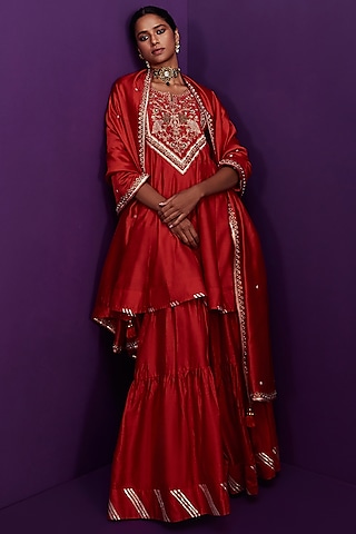 Red Silk Chanderi Embroidered Sharara Set by Pink City By Sarika