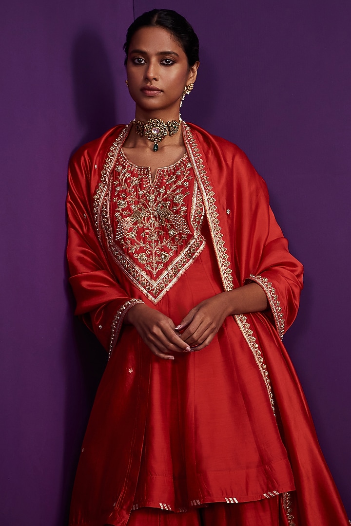 Red Silk Chanderi Embroidered Wedding Sharara Set by Pink City By Sarika at Pernia's Pop Up Shop