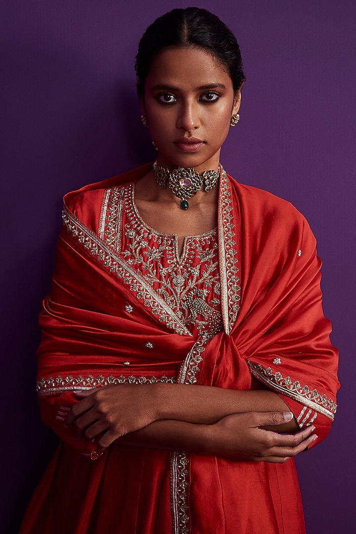 Red Silk Chanderi Embroidered Wedding Sharara Set by Pink City By Sarika at Pernia's Pop Up Shop