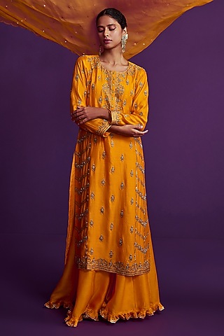 Kesar Silk Chanderi Embroidered Sharara Set by Pink City By Sarika