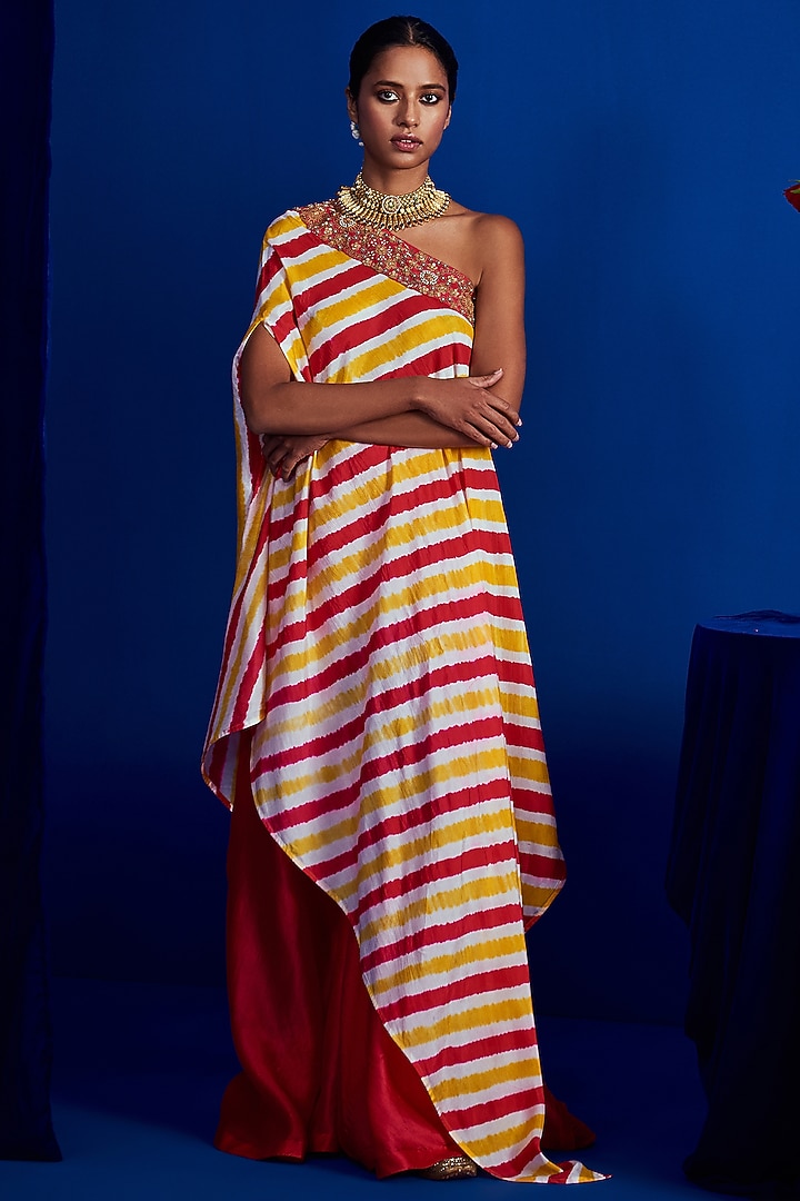 Yellow & Red Silk Embroidered Wedding Sharara Set by Pink City By Sarika at Pernia's Pop Up Shop