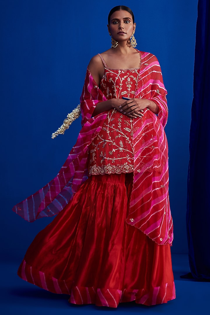 Red Silk Embroidered Wedding Sharara Set by Pink City By Sarika at Pernia's Pop Up Shop