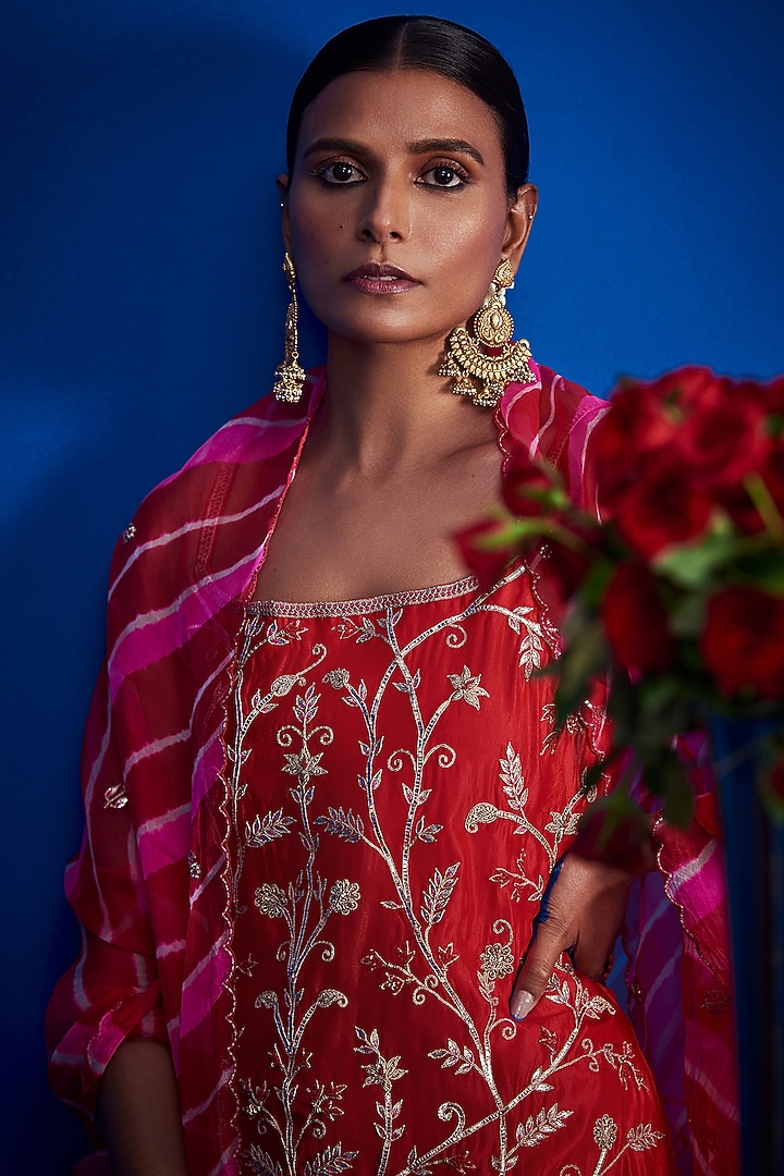 Red Silk Embroidered Wedding Sharara Set by Pink City By Sarika at Pernia's Pop Up Shop