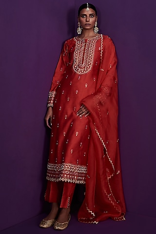Red Embroidered Kurta Set by Pink City By Sarika