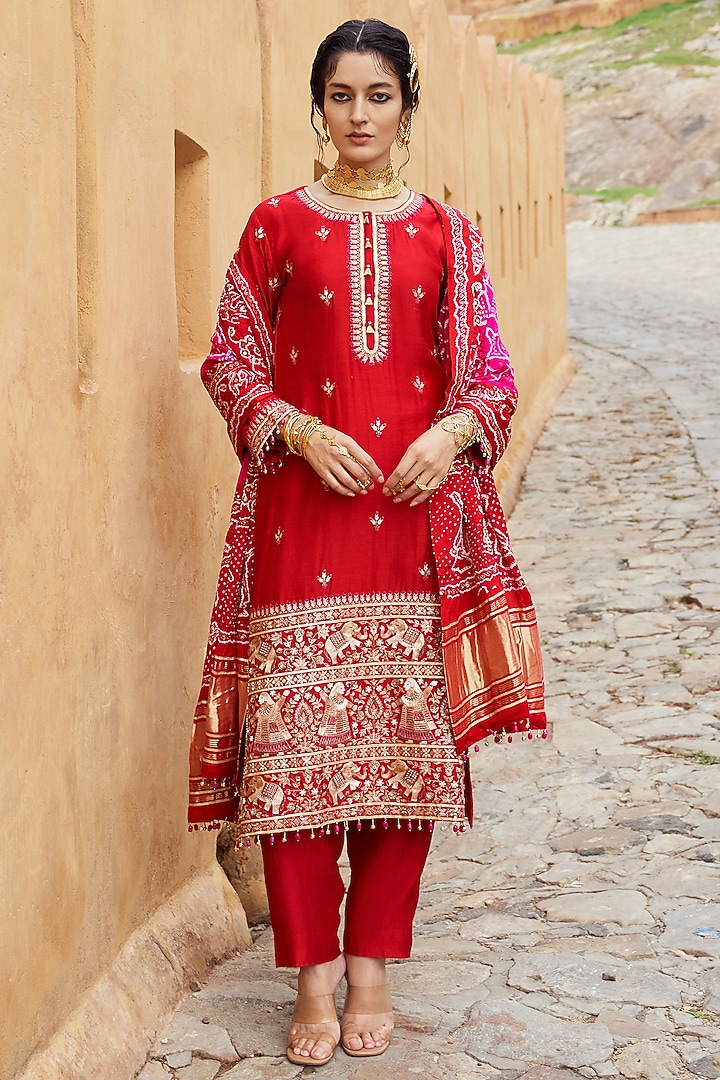 Red Silk Chanderi Embroidered Kurta Set by Pink City By Sarika at Pernia's Pop Up Shop