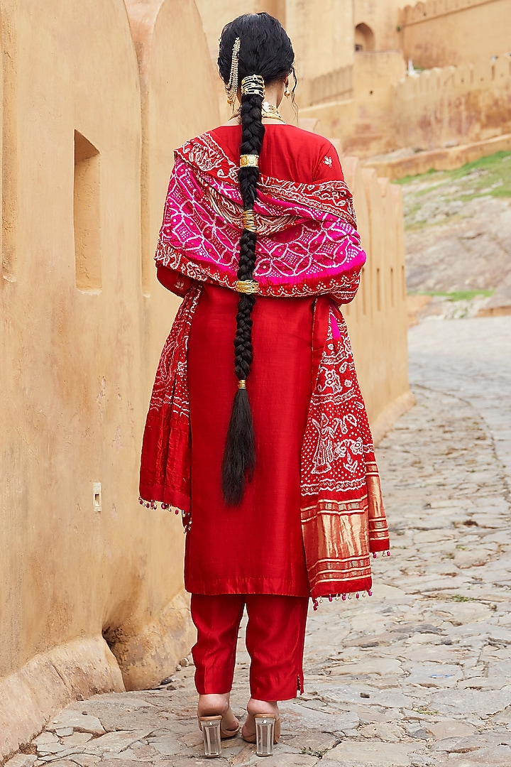 Red Silk Chanderi Embroidered Kurta Set by Pink City By Sarika at Pernia's Pop Up Shop