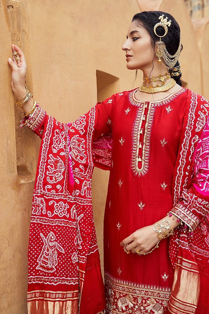 Red Silk Chanderi Embroidered Kurta Set by Pink City By Sarika at Pernia's Pop Up Shop