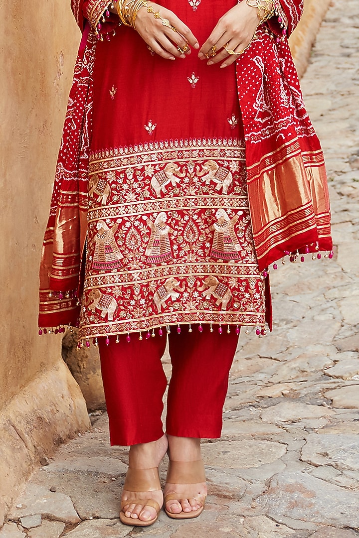 Red Silk Chanderi Embroidered Kurta Set by Pink City By Sarika at Pernia's Pop Up Shop