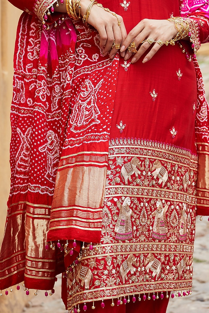 Red Silk Chanderi Embroidered Kurta Set by Pink City By Sarika at Pernia's Pop Up Shop