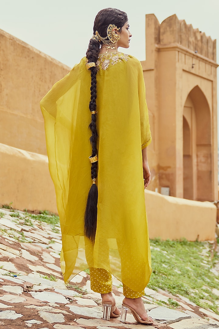 Lime Green Organza Embroidered Kaftan Set by Pink City By Sarika at Pernia's Pop Up Shop