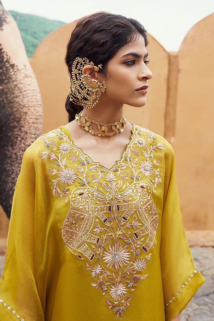 Lime Green Organza Embroidered Kaftan Set by Pink City By Sarika at Pernia's Pop Up Shop