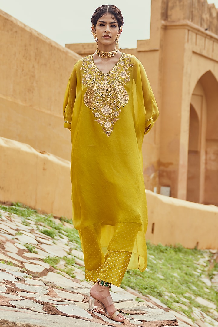 Lime Green Organza Embroidered Kaftan Set by Pink City By Sarika at Pernia's Pop Up Shop