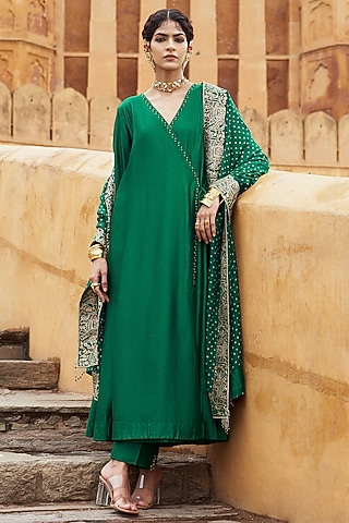 Green Silk Chanderi Sequins Embroidered Anarkali Set by Pink City By Sarika