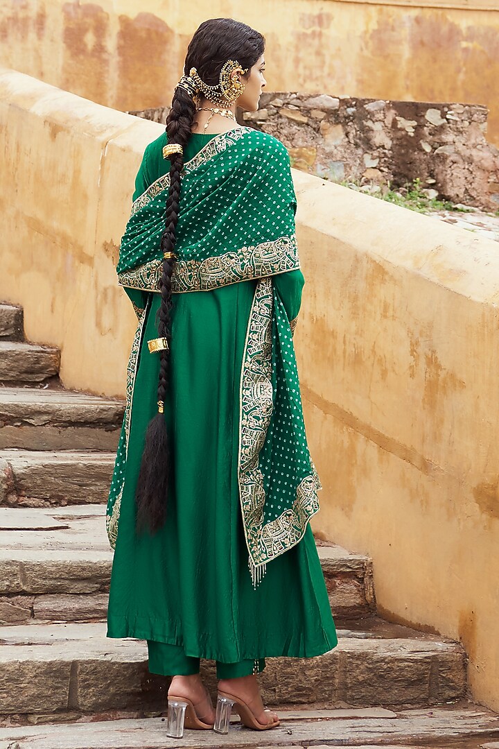 Green Silk Chanderi Sequins Embroidered Wedding Anarkali Set by Pink City By Sarika at Pernia's Pop Up Shop