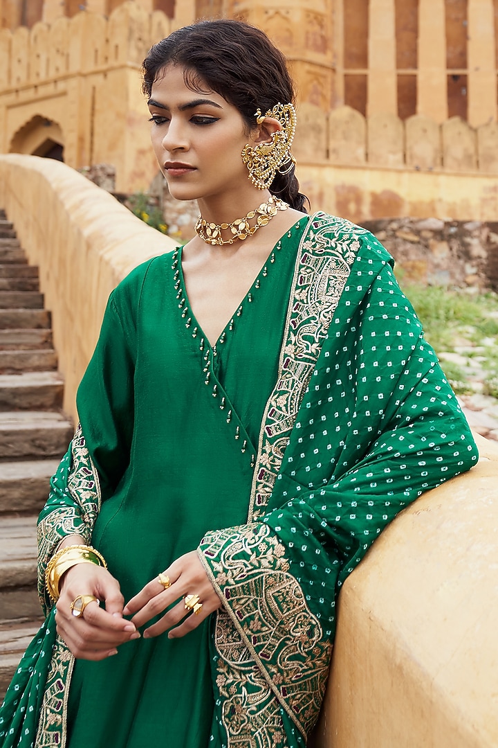 Green Silk Chanderi Sequins Embroidered Wedding Anarkali Set by Pink City By Sarika at Pernia's Pop Up Shop