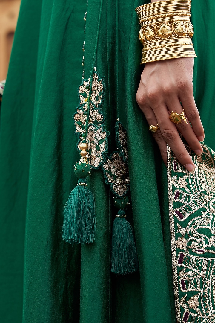 Green Silk Chanderi Sequins Embroidered Wedding Anarkali Set by Pink City By Sarika at Pernia's Pop Up Shop
