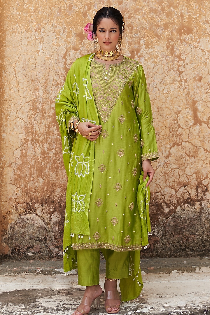 Lime Green Silk Chanderi Lotus Boota Embroidered Kurta Set by Pink City By Sarika at Pernia's Pop Up Shop