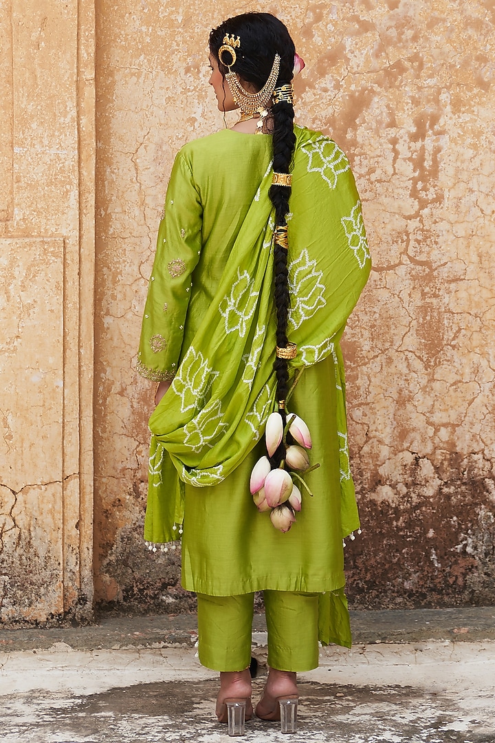 Lime Green Silk Chanderi Lotus Boota Embroidered Kurta Set by Pink City By Sarika at Pernia's Pop Up Shop