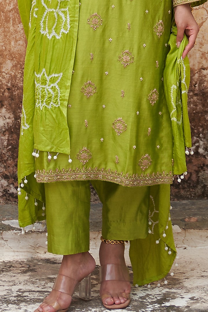 Lime Green Silk Chanderi Lotus Boota Embroidered Kurta Set by Pink City By Sarika at Pernia's Pop Up Shop