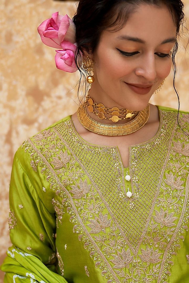 Lime Green Silk Chanderi Lotus Boota Embroidered Kurta Set by Pink City By Sarika at Pernia's Pop Up Shop