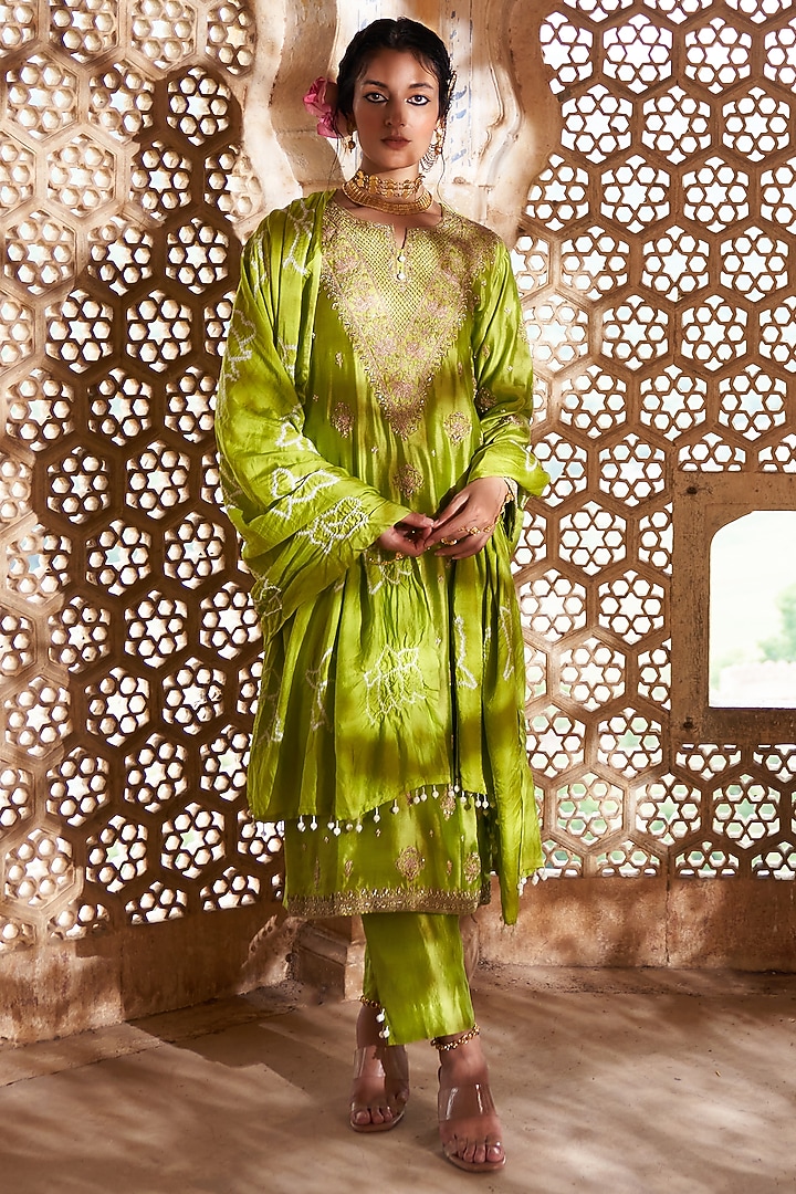 Lime Green Silk Chanderi Lotus Boota Embroidered Kurta Set by Pink City By Sarika at Pernia's Pop Up Shop
