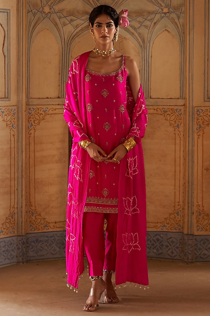 Rani Pink Silk Chanderi Lotus Boota Embroidered Kurta Set by Pink City By Sarika at Pernia's Pop Up Shop