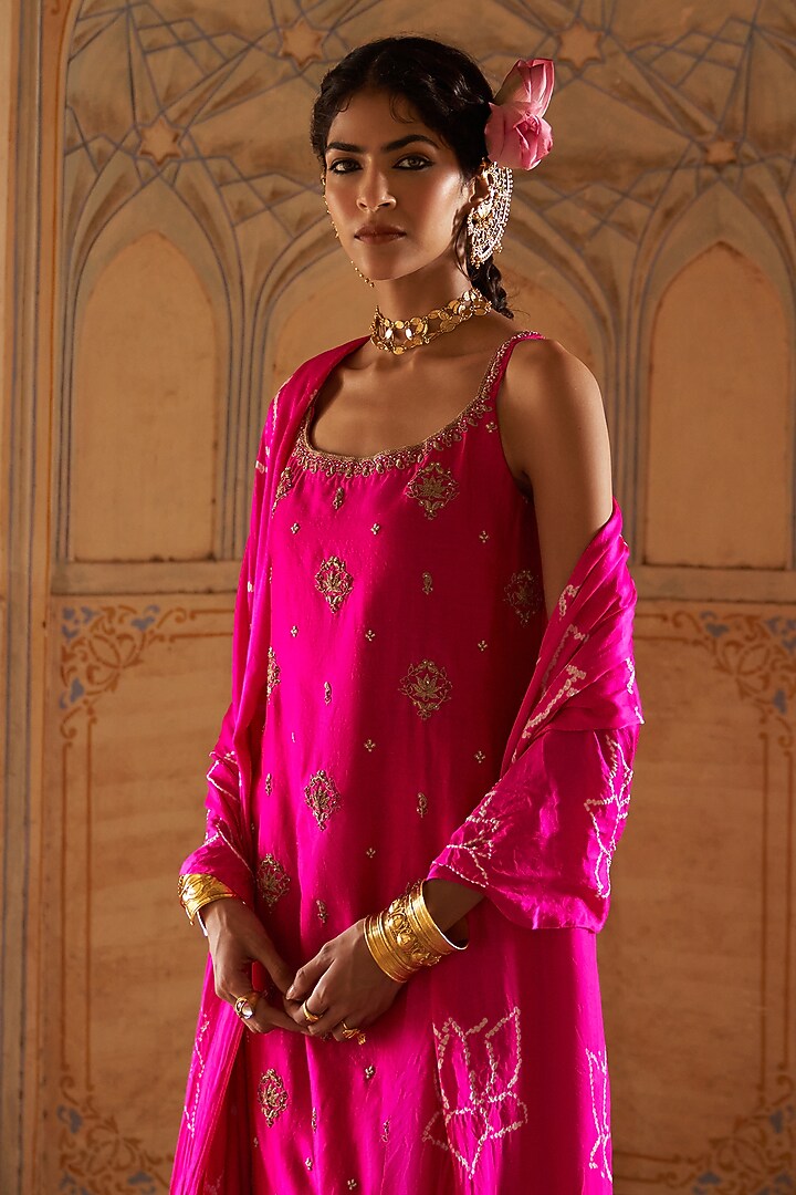 Rani Pink Silk Chanderi Lotus Boota Embroidered Kurta Set by Pink City By Sarika at Pernia's Pop Up Shop