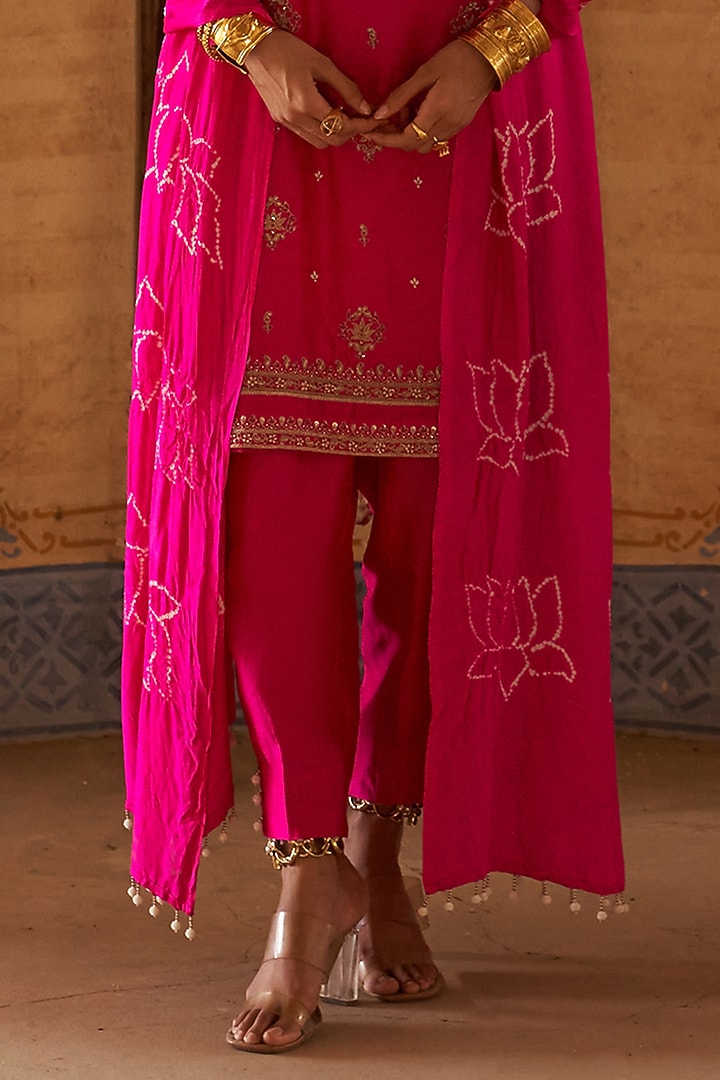 Rani Pink Silk Chanderi Lotus Boota Embroidered Kurta Set by Pink City By Sarika at Pernia's Pop Up Shop