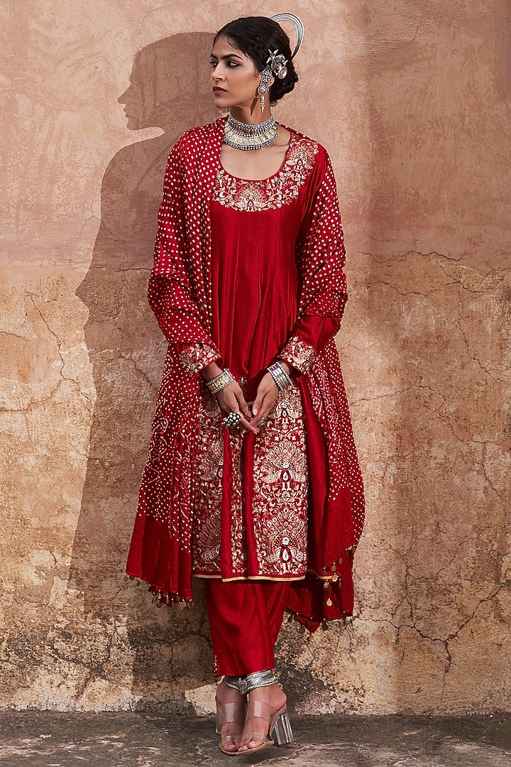 Red Silk Chanderi Peacock Embroidered Wedding Anarkali Set by Pink City By Sarika at Pernia's Pop Up Shop