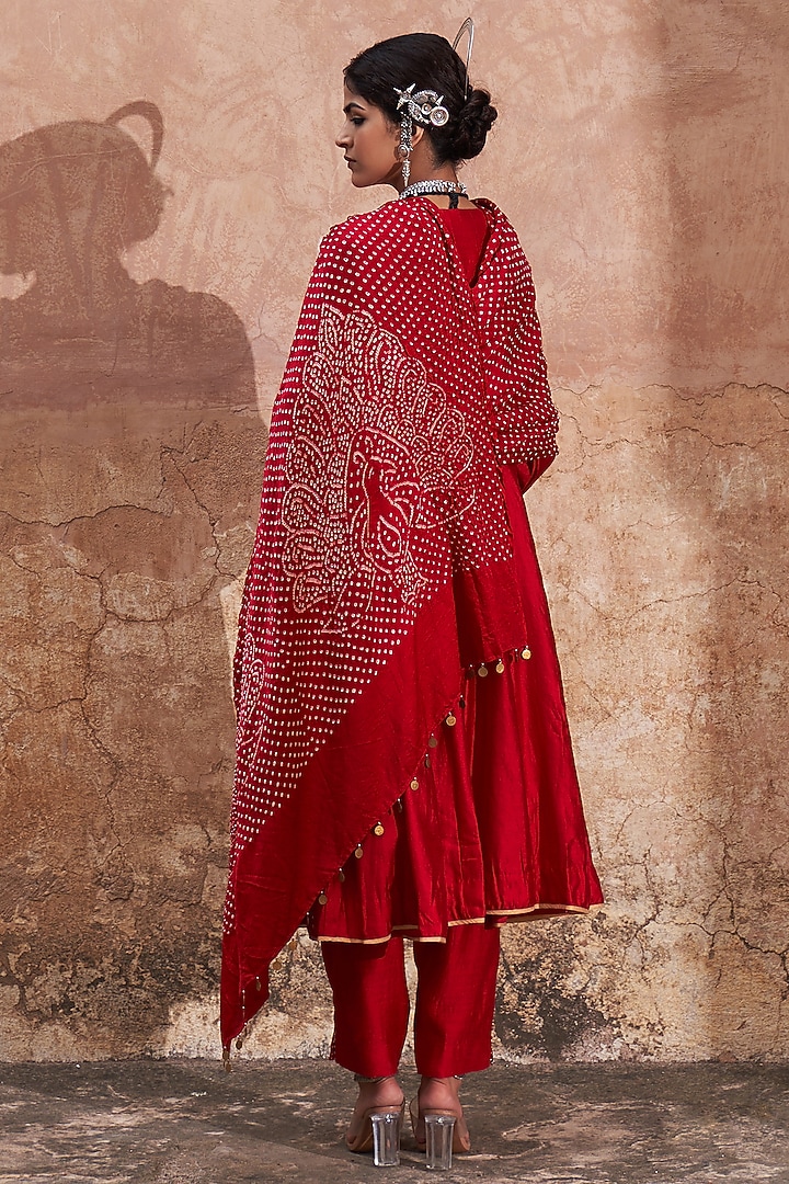 Red Silk Chanderi Peacock Embroidered Wedding Anarkali Set by Pink City By Sarika at Pernia's Pop Up Shop