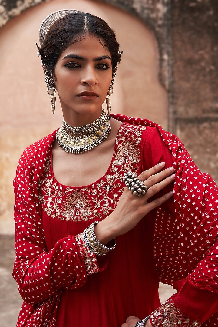 Red Silk Chanderi Peacock Embroidered Wedding Anarkali Set by Pink City By Sarika at Pernia's Pop Up Shop