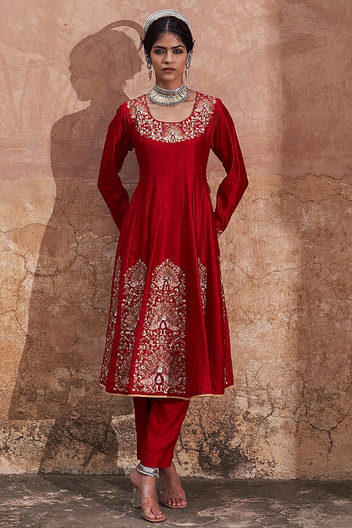 Red Silk Chanderi Peacock Embroidered Wedding Anarkali Set by Pink City By Sarika at Pernia's Pop Up Shop