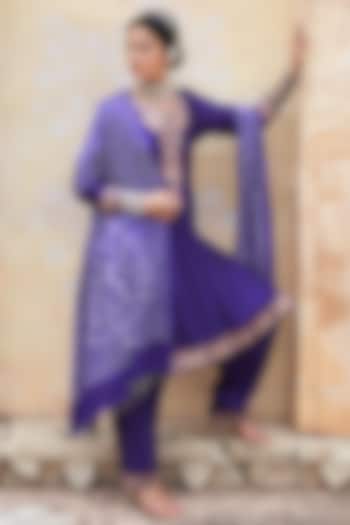 Purple Silk Chanderi Zari Embroidered Wedding Anarkali Set by Pink City By Sarika at Pernia's Pop Up Shop