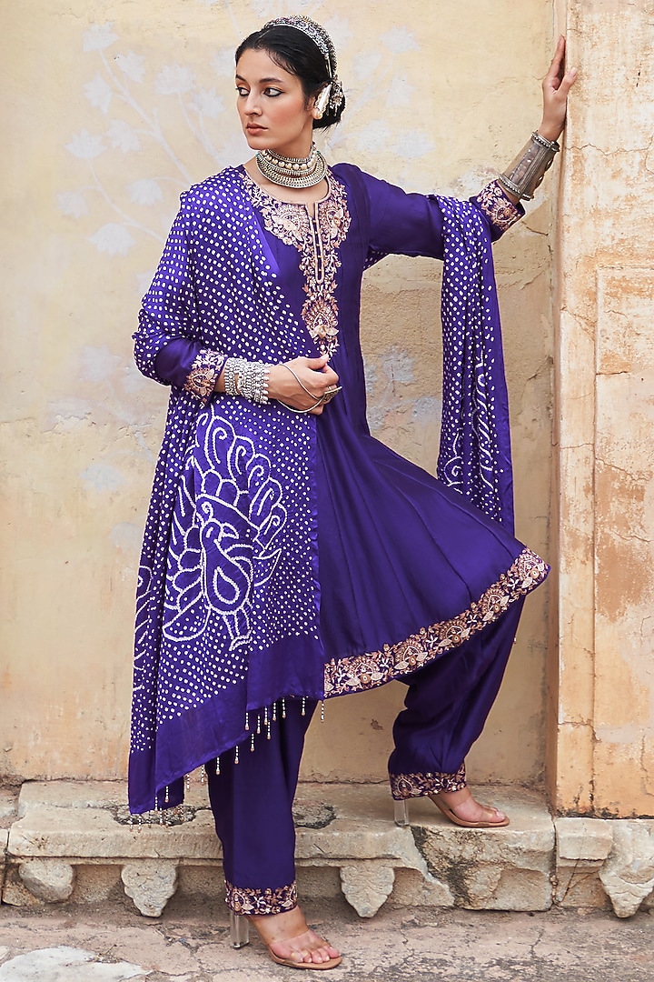 Purple Silk Chanderi Zari Embroidered Wedding Anarkali Set by Pink City By Sarika at Pernia's Pop Up Shop