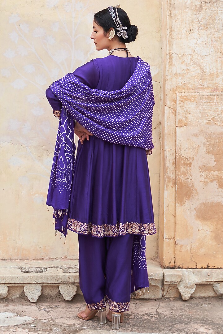 Purple Silk Chanderi Zari Embroidered Wedding Anarkali Set by Pink City By Sarika at Pernia's Pop Up Shop