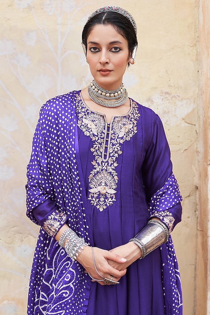 Purple Silk Chanderi Zari Embroidered Wedding Anarkali Set by Pink City By Sarika at Pernia's Pop Up Shop