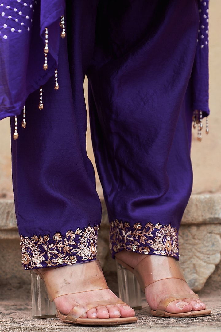 Purple Silk Chanderi Zari Embroidered Wedding Anarkali Set by Pink City By Sarika at Pernia's Pop Up Shop