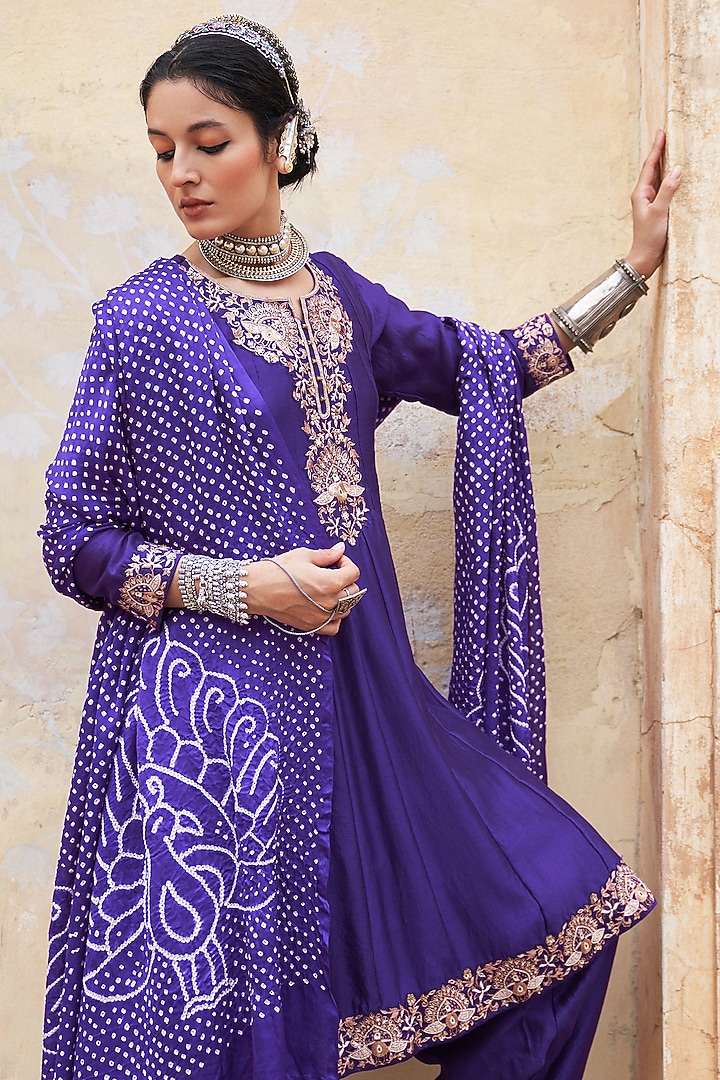 Purple Silk Chanderi Zari Embroidered Wedding Anarkali Set by Pink City By Sarika at Pernia's Pop Up Shop