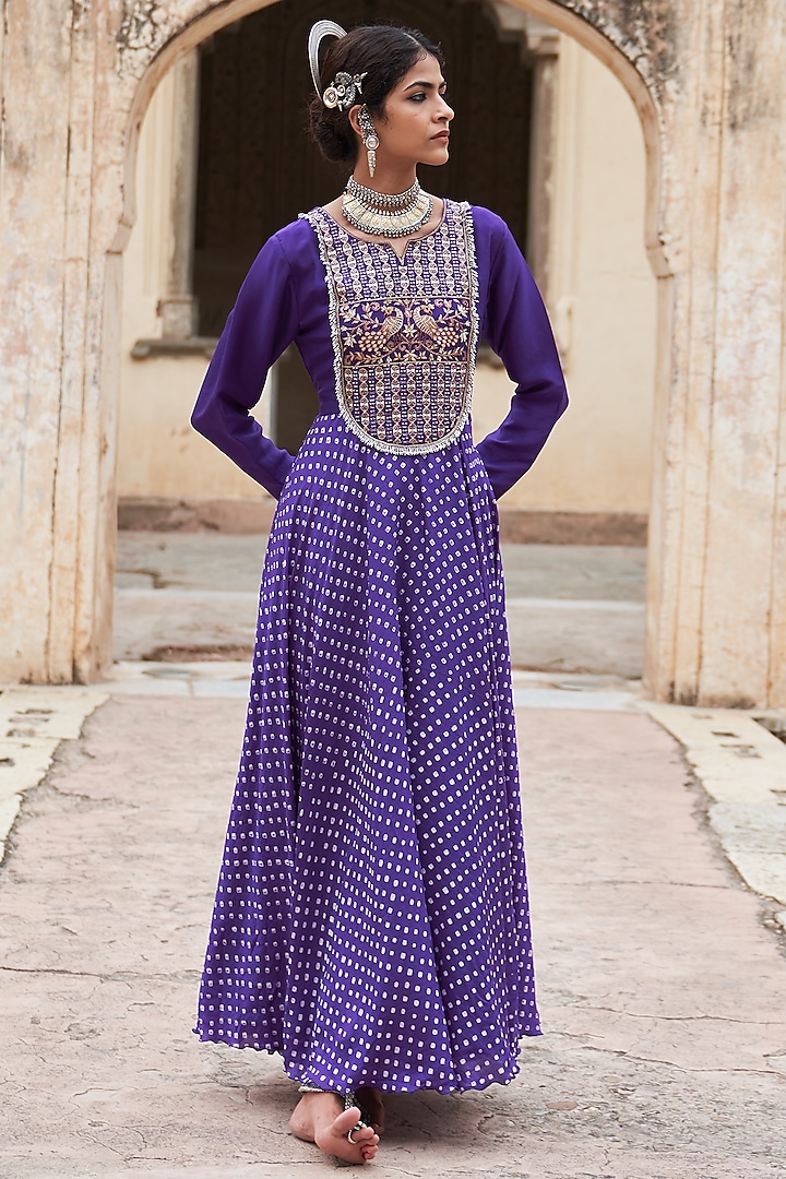 Purple Silk Chanderi Mirror & Zari Embroidered Anarkali Set by Pink City By Sarika at Pernia's Pop Up Shop