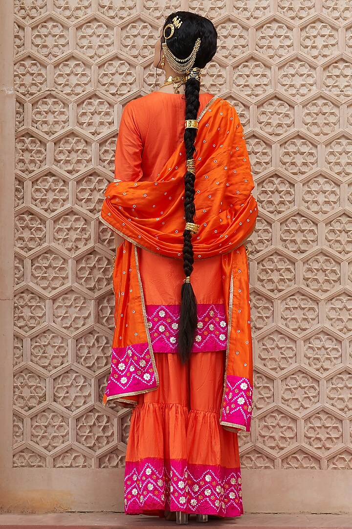 Orange Silk Mirror Embroidered Sharara Set by Pink City By Sarika