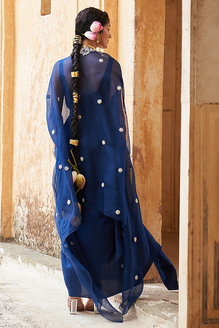 Blue Silk & Organza Lotus Embroidered Cape Set by Pink City By Sarika at Pernia's Pop Up Shop