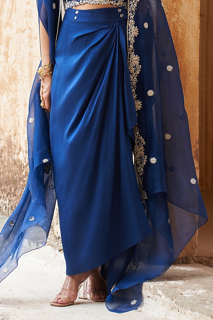 Blue Silk & Organza Lotus Embroidered Cape Set by Pink City By Sarika at Pernia's Pop Up Shop