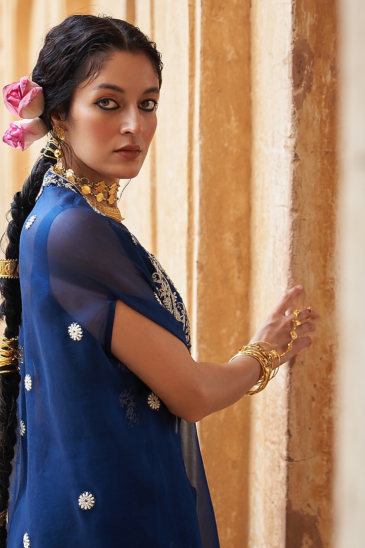 Blue Silk & Organza Lotus Embroidered Cape Set by Pink City By Sarika at Pernia's Pop Up Shop