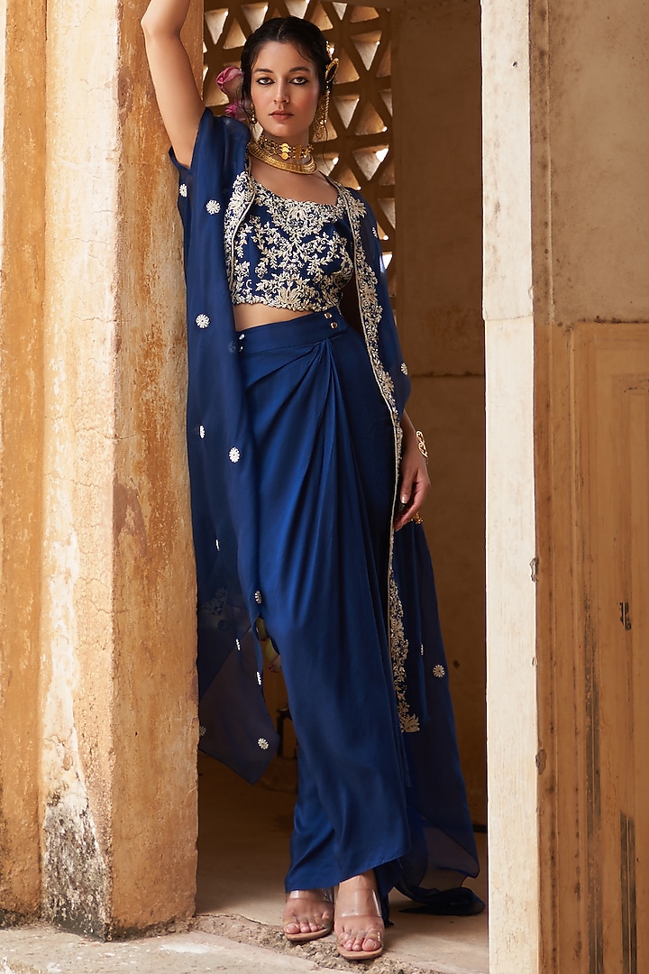 Blue Silk & Organza Lotus Embroidered Cape Set by Pink City By Sarika at Pernia's Pop Up Shop