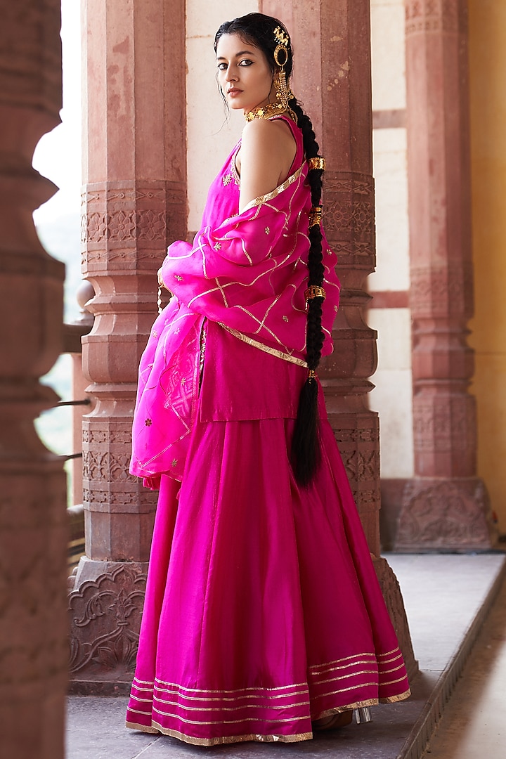 Hot Pink Silk Chanderi Lotus Motif Embroidered Kurta Set by Pink City By Sarika at Pernia's Pop Up Shop