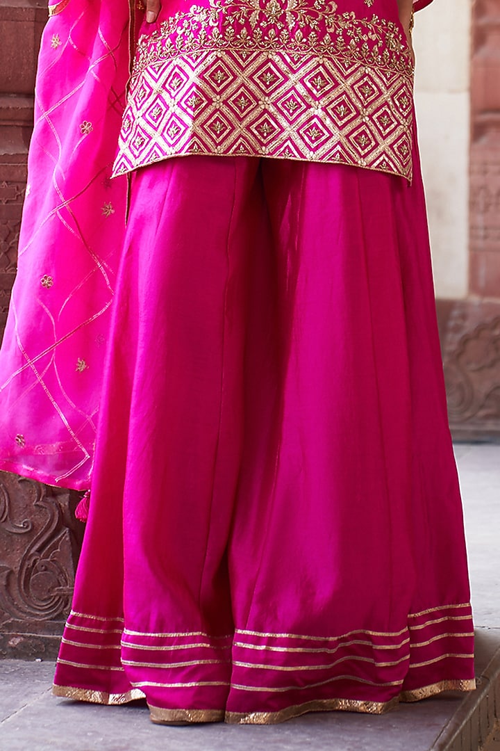 Hot Pink Silk Chanderi Lotus Motif Embroidered Kurta Set by Pink City By Sarika at Pernia's Pop Up Shop