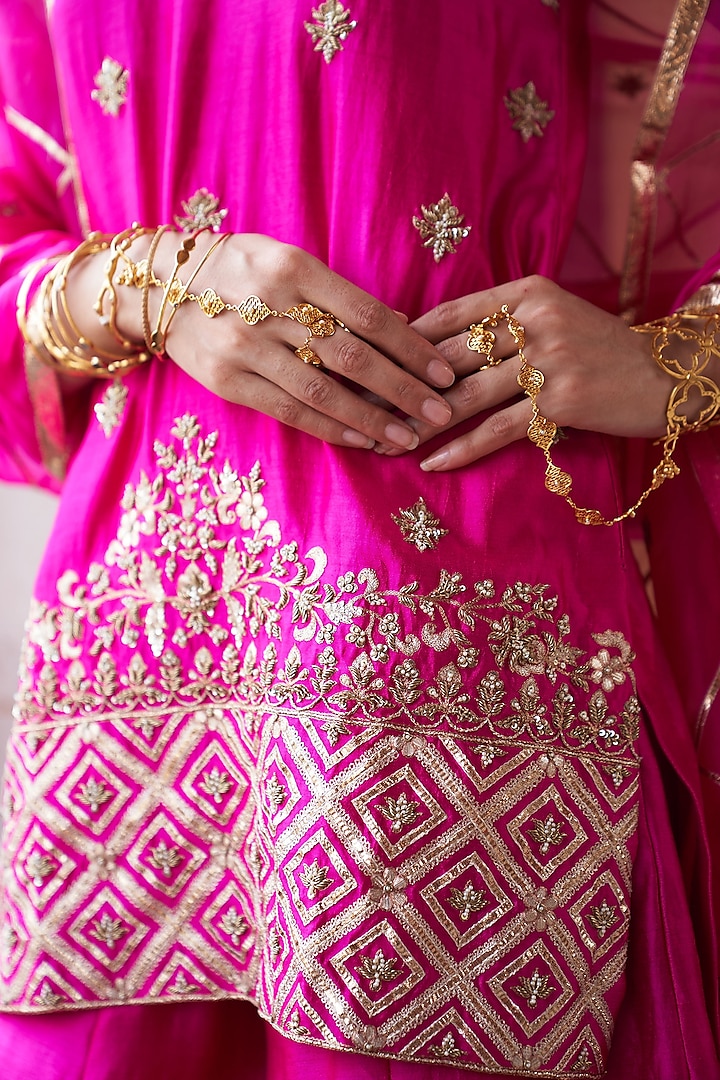 Hot Pink Silk Chanderi Lotus Motif Embroidered Kurta Set by Pink City By Sarika at Pernia's Pop Up Shop