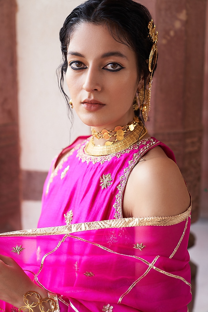 Hot Pink Silk Chanderi Lotus Motif Embroidered Kurta Set by Pink City By Sarika at Pernia's Pop Up Shop