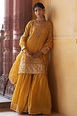 Mustard Silk Chanderi Sharara Set by Pink City By Sarika